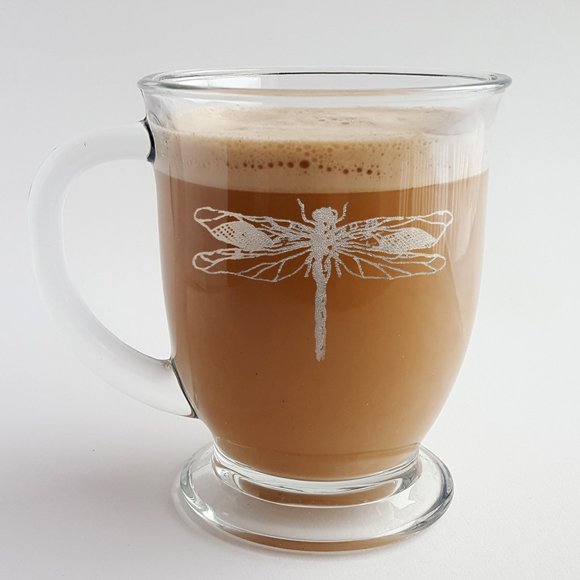 Dragonfly 16oz Glass Coffee Mug, Engraved Tea Cup - Picture 3 of 4
